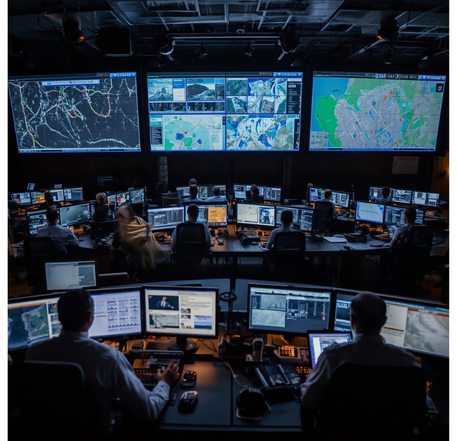 oficina de tráfico con mapas, monitores, unidades y operación logística en tiempo real